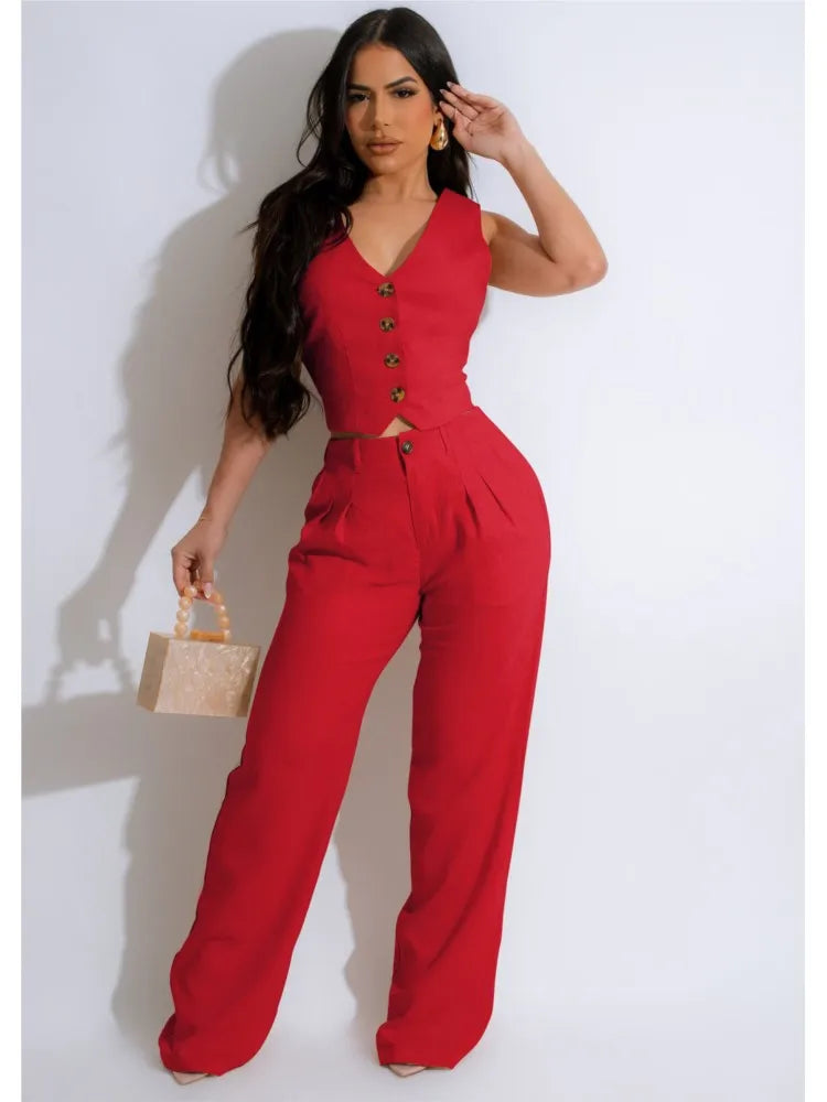 Conjunto de 2 piezas para mujer, chaleco sin mangas y pantalones ajustados, traje de Color liso con cuello en V, Top Ultra corto y pantalones de oficina