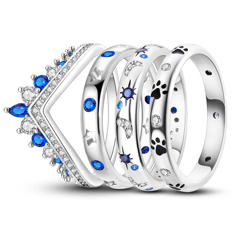 Nuevos anillos para mujer, 100 % plata de ley 925, con forma de estrella y luna, anillos de circonita de colores, joyería fina para bodas, compromisos y cumpleaños