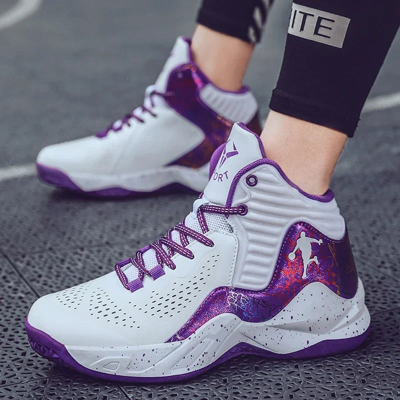 Zapatillas de baloncesto de moda para hombre y mujer, color morado, transpirables, deportivas de entrenamiento, botas deportivas para niños