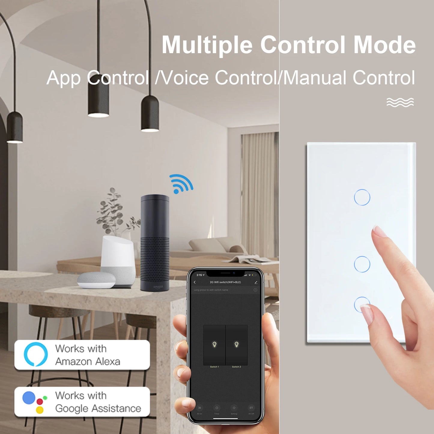 Interruptor de luz de pared BSEED Wifi táctil con enchufe europeo, enchufes USB tipo C, panel de vidrio de control con aplicación Tuya Smart Life, Alexa y Yandex