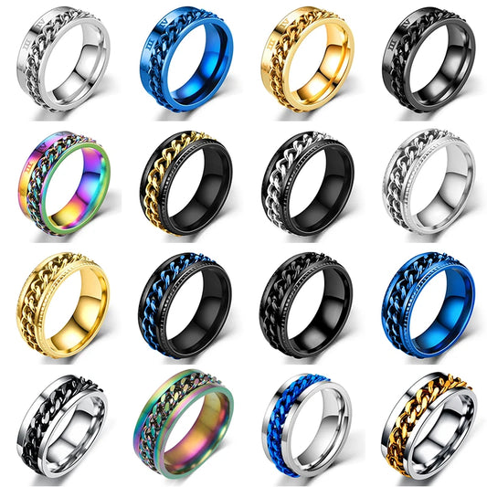 Anillos de cadena giratorios de acero de titanio para hombres y mujeres, anillo antiestrés para la ansiedad, joyería para parejas, anillos con forma de sacacorchos de 8 mm, regalo multifuncional